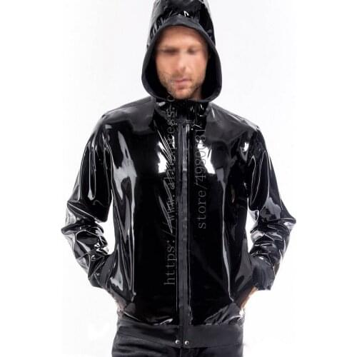 Cool front zipper decorations mens Fetish black latex hoodie coat made of 0.4mm thickness natural latex materials