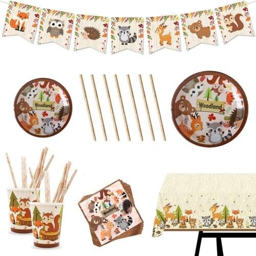 Woodland Animal Disposable Party Tableware Set Forest Birthday Party Decorations Plates Cups Napkins Kids Boys Baby Shower Decor