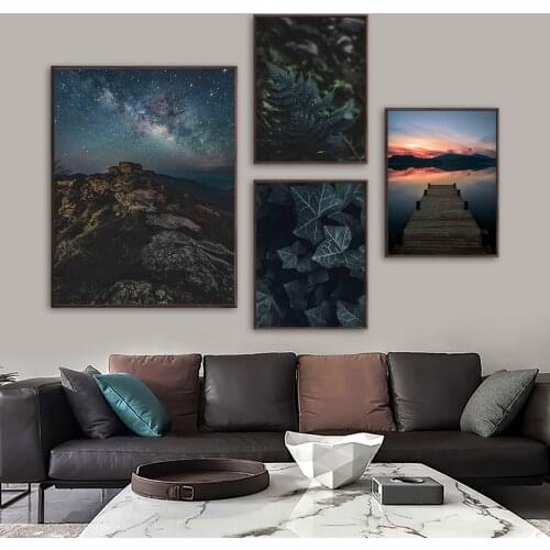 Mountain Star Sky Lake Bridge Fern Ivy Wall Art Canvas Painting Nordic Posters And Prints Wall Pictures For Living Room Decor