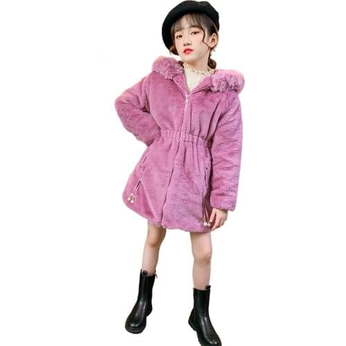 Kids 4-14 years fashion little girls 2020 new winter warm thick fur hooded dust coat casual parka zipper children clothes 10 12