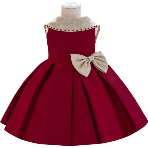 Girls' 1 Year Old Dress with One Shoulder Bow and Bead Princess Dress