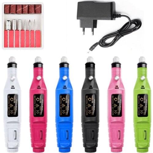 EU/US Power Supply Portable Electric Nail Drill Machine Kit Nail Art Pen Pedicure 6 Bits Polishing Head Diamond Bur Remove Tools