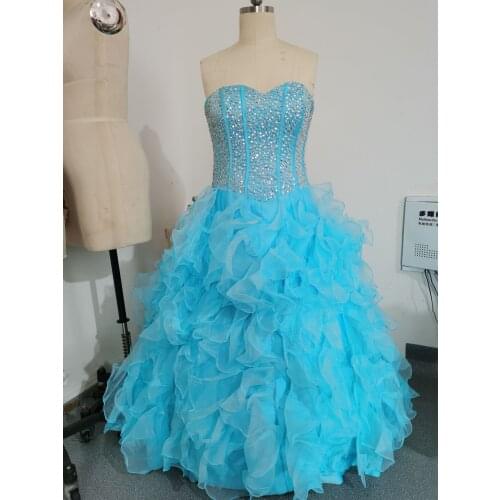 Crystal Beaded Quinceanera Dress Prom Ball Gown Ruffles Blue Party Dresses Sweet 16 Prom Dresses Cheapest Price