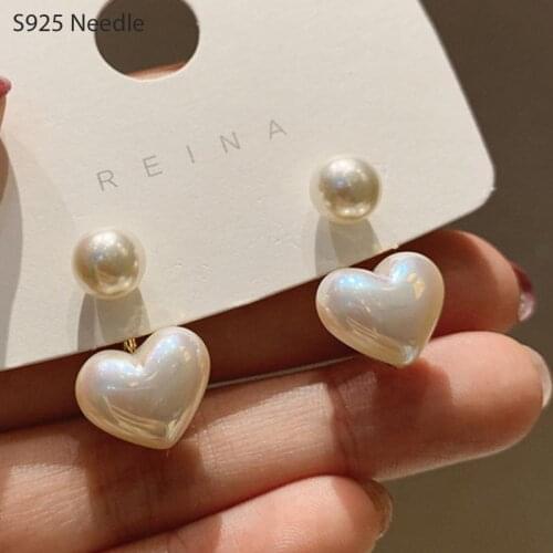 Real 925 Sterling Silver Needle Stud Earrings for Women Jewelry Double Side Heart Pearl Female Earrings