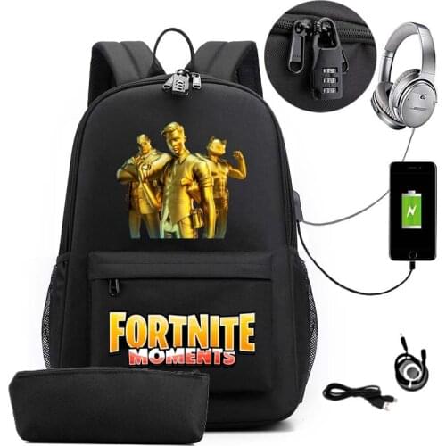 FORTNITE School Bag Bookbag Lightweight Capacity Backpack with USB Charger Port and Lock & Pencil Case for Teens Girls Boys