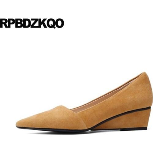 Black 2019 wedge pumps low heels genuine leather pointed toe formal suede elegant size 4 34 ladies yellow shoes women office