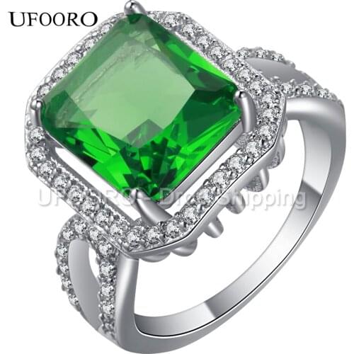 UFOORO High Quality Silver Plated Jewellery Rings For Women Luxury Large Square Green CZ Engagement Jewelry Women Bague Rings