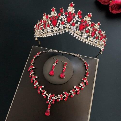 Gorgeous Vintage Gold Red Crystal Bridal Jewelry Sets Fashion Tiaras Earrings Necklaces Set for Women Wedding Dress Jewelry Set