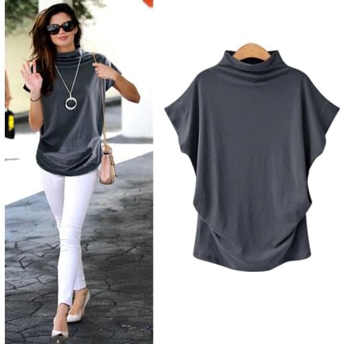 Plus Size 6XL Women Summer T-Shirt Short Batwing Sleeve Loose Solid Gray Turtleneck Tee Shirt 2019 New T-Shirts Femme Tees Tops