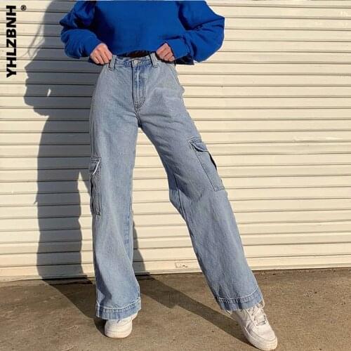 YHLZBNH Women Wide Leg Jeans Causal Pocket Stitching High Waist Denim Pants Streetwear Ladies Solid Trousers Zipper Jeans