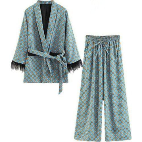 Womens suits 2020 New Arrival Blue Printed Kimono Jacket with Feather Sleeves Wide Leg pants two-piece Vintage Clothing Suits