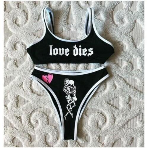 Women Funny Letters Print 2Pcs Bikini Suits Deep V-neck Detachable Breast Pad Sling Tops with Triangle Bottoms Swimsuits 2021