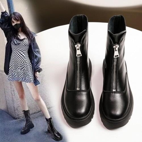 2020 Womens Boots Autumn Round Toe Clogs Platform Fashion Womens Shoes Zipper Flat Heel Boots-women Booties Ladies Riding Med