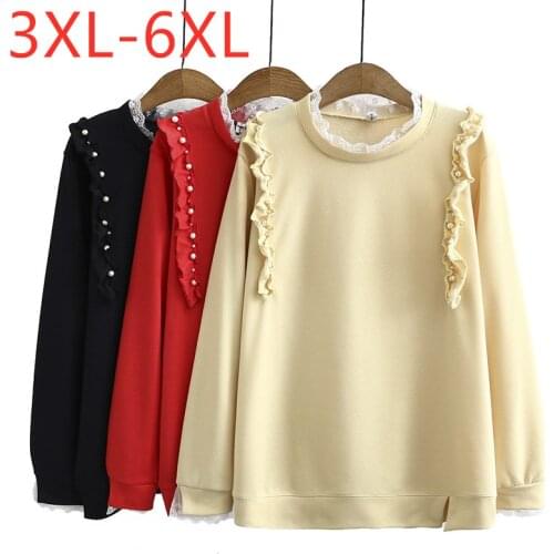 New ladies autumn winter plus size tops for women large pullover long sleeve cotton ruffle black red sweatshirt 3XL 4XL 5XL 6XL