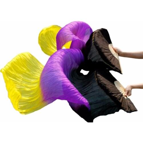1 Pair 100% Silk Dance Fans Stage Performance Props 180cm*90cm Unisex Belly Dance Bamboo Ribs Long Silk Fans Black+Purple+Yellow