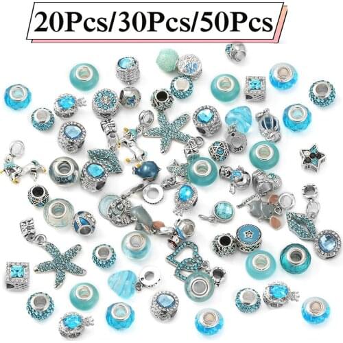 100Pcs Silver Color Sparkling Blue Mixed Random Delivery Charm Beads Original Bracelets Necklaces Women Jewelry Making Wholesale
