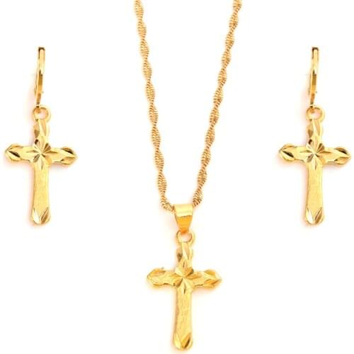 24 k Yellow Fine gold GF Small Mini Tax stamp cross Pendant chain Earrings set Christian jewelry sets women girl Best Jesus Gift