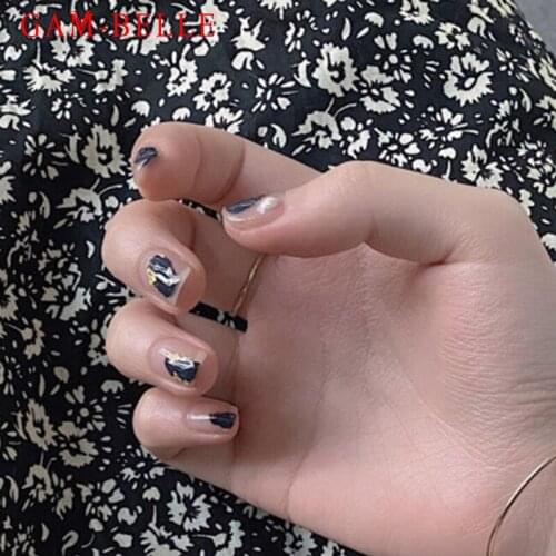 GAM-BELLE 24Pcs Navy Blue Gold Foil False Nails Full Cover French Artificial Short Press On Nails Decoration Beauty Fake Nails