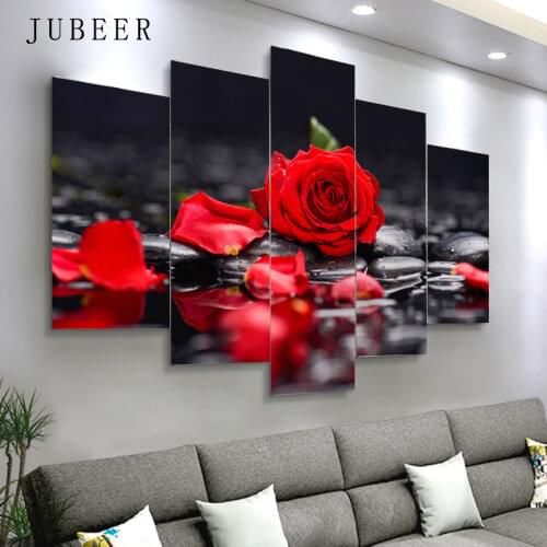 5 Pieces/set Canvas Painting Modern Style Red Rose White Lotus Flower Picture Wall Print Art Picture Decoration for Living Room