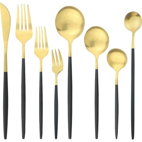 8Pcs/Set Stainless Steel Flatware Dinnerware Black Gold Dinnerware Cutlery Set Knife Cake Fork Long Dessert Spoon Silverware Set