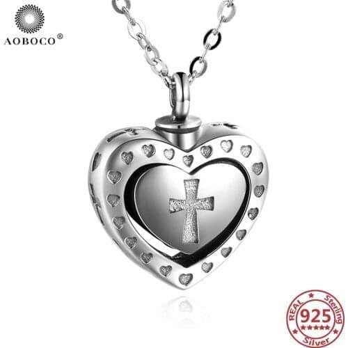 AOBOCO 925 Sterling Silver Heart Cross Pendant Urn Necklace for Ashes Memorial Urn Necklace Dog Pet Ash Casket Cremation Pendant