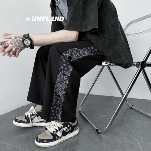 Cashew blossom casual pants mens summer loose straight wide leg Capri pants thin breathable versatile pants harajuku sweatpants