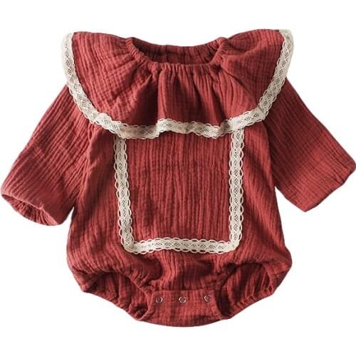 Baby Rompers Cotton Long Sleeve Peter Pan Collar Newborn Autumn Jumpsuits Cotton Infant Lace Solid Color One-piece Clothing