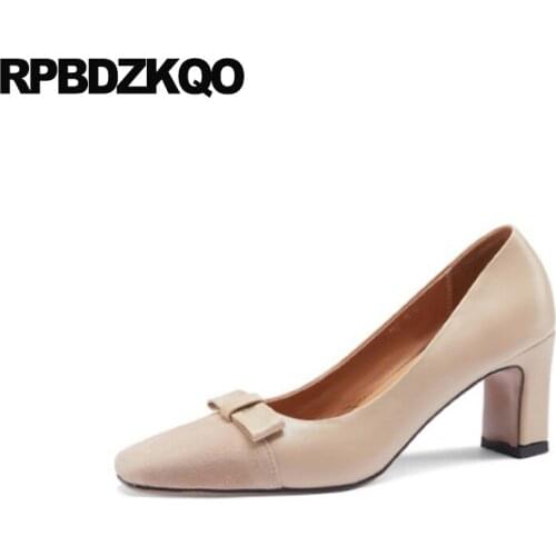 Girls 10 42 Big Size Nude High Heels Block Slip On 2021 Bow Trending 11 43 Pumps Ladies Dress Shoes Suede Square Toe Japanese 33