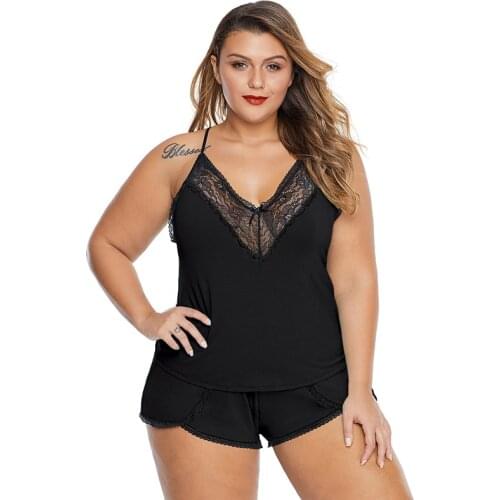 Womens Plus Size Lace Stitching Sexy Lingerie Suit V-Neck Pajamas Set Spaghetti Strap Sleeveless Sleepwear Suit Nightwear D30