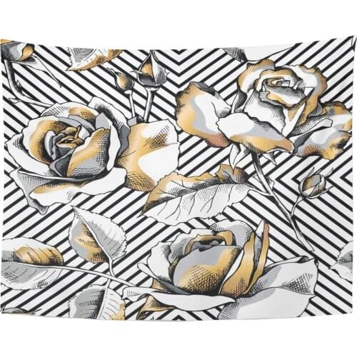 Tapestry Floral Gold Rose Flowers on Black Geometric White Tapestries Wall Hanging for Living Room Bedroom Dorm
