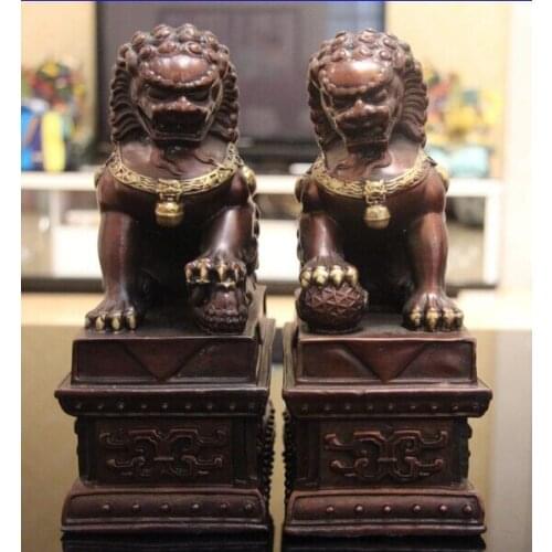 China Old Bronze Copper Fengshui Guardian Door Foo Dog Lion Son Bead Statue Pair fast 19cm