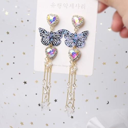 MWSONYA Korean Heart Purple Butterfly Earrings Rhinestone Pendant Drop Earrings for Women Pearl Tassel Earrings Jewelry Gift