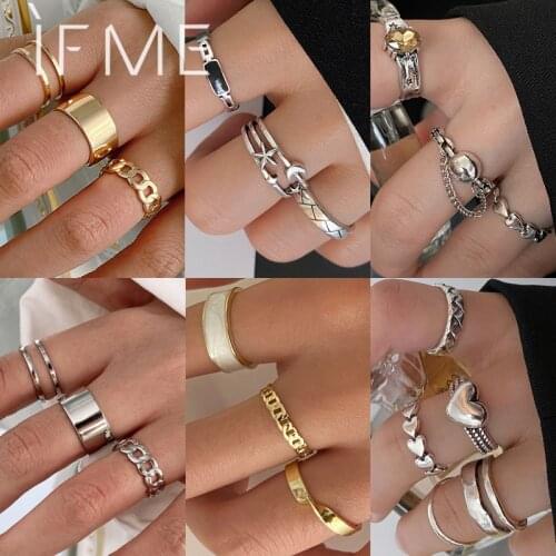 Punk Chunky Star Moon Chain Rings Set for Women Girl Vintage Geometric Gold Silver Color Love Heart Trendy Finger Rings Jewelry