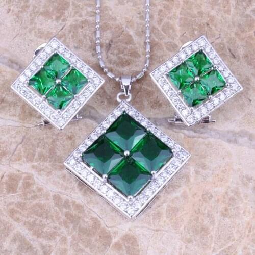 Incredible Green Cubic Zirconia Silver Plated Earrings Pendant Necklace Jewelry Sets S0810