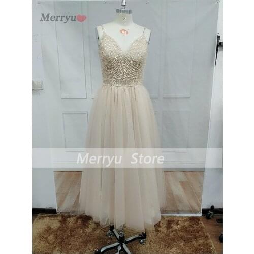 Champagne V-neck Ankle-length Prom Dresses Spaghetti Straps Illusion Design Beading Crystal Graduation Evening Party Gowns