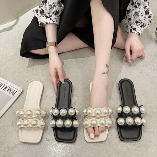 Fairy Style Pearl Sandals Womens Outer Wear 2021summer New Flat Square Toe Beach Slippers