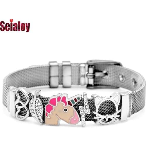 Silver Color Stainless Steel Mesh Bracelets For Women Men Lightning Heart Beads Lock Rocket Charm Bracelet Watch Belt Bangle