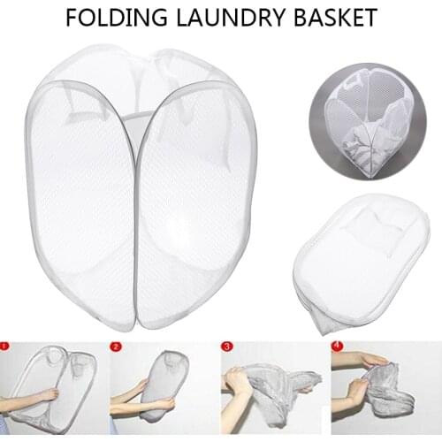 Mesh Fabric Laundry Basket Foldable Pop-up Washing Clothes Basket Bag White Mesh Storage Baskets Bathroom Accessories 31*31*51cm