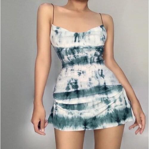 Vintage Summer Tie Dye Strap Mini Dress Women Sexy beach vacation party night sling Wrap dress vestidos mujer verano 2021