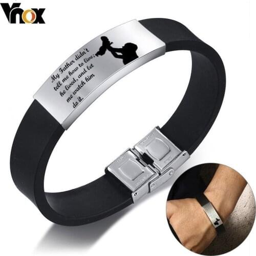 Vnox Mens Bracelets Waterproof Silicone Band for DAD Thankful Gift with Personalized Stainless Steel Tag Male Casual Pulseira