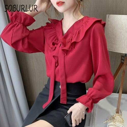 SOBURLUR Womens T-shirts Ruffle Lace Up Bow Crop Top Woman Clothing All-match BF Korean Style Tunics Fashion Blousas Tees Tops