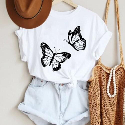 Women Cartoon Butterfly Lovely Beach Holiday Style Fashion Summer Lady Print Tee Graphic T Top Female Tshirts Clothes T-Shirt