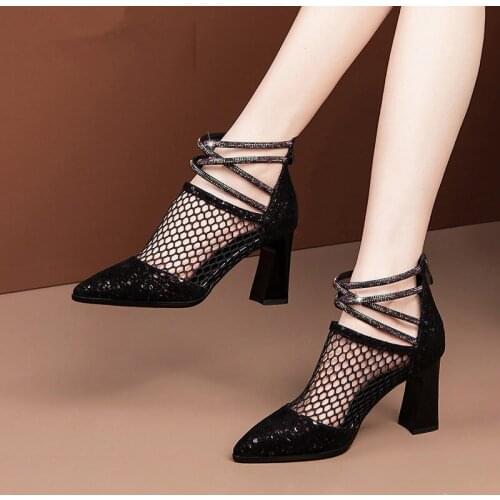 SONDR 2021 NEW Sandals Boots Mesh Lace Shoe Woman Ankle Boots Peep Toe High Heeled Sexy Shoes Back Zip Chunky Heel
