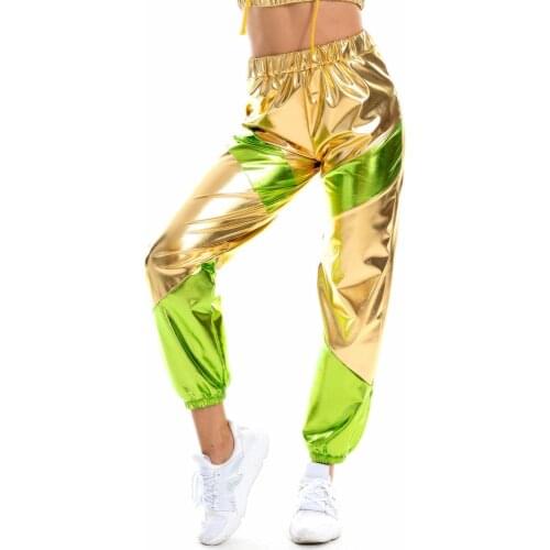 Pole dance rave clothes holographic pants women crop hoodies metallic jacket rave costumes hip hop pants sexy shinny joggers