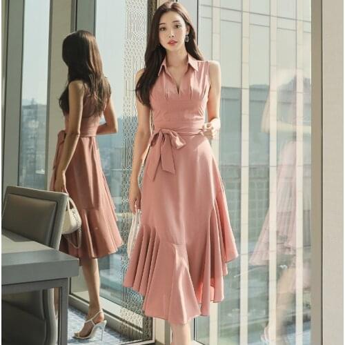 Women Sleeveless V Neck Party Dress High Street Ladies Solid Lace-Up Irregular Ruffle Dress Summer Elegant Dress Vestido