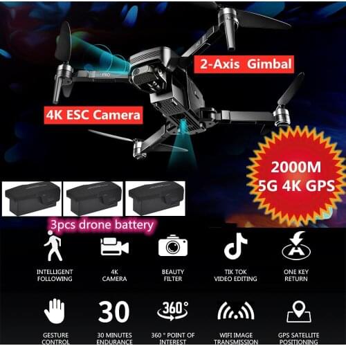 4K Dual ESC HD Camera RC Quadcopter 5G GPS Optical Flow Smart Follow Me 2KM Distance 2-Axis Gimbal Remote Control Drone RTF Toys