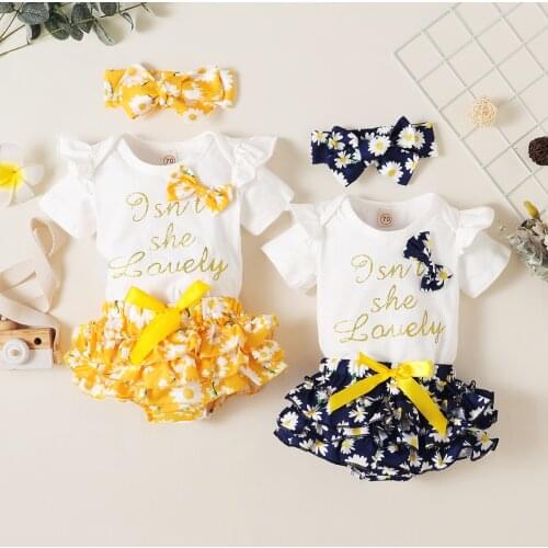 Citgeett Summer Newborn Baby Girls Short Sleeve Romper + Shorts + Bow Headband Letters Print Pants Elastic Waist Clothing Set