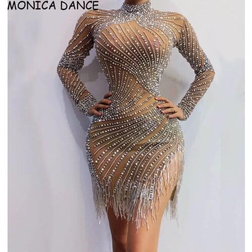 Women Sexy Silver Rhinestones Pearls Fringe Transparent Dress Bar Birthday Celebrate Dress High Neck Outfit Women Dance Dress