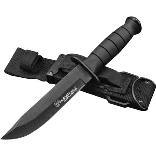 DuoClang S&W Black Titanium 7CR13MOV Stainless Steel Fixed Blade Knife TPE Anti-slip Rubber Handle, with Whetstone