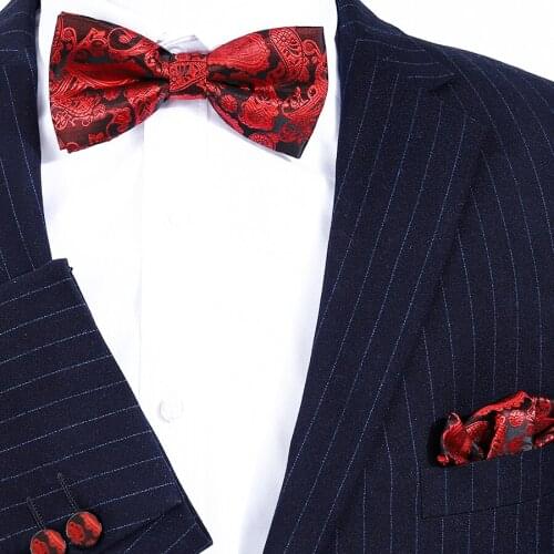 New Design Paisley Silk Hanky Bow Tie Set Jacquard Red Men BowTie Pocket Square Handkerchief Suit Wedding Party Business